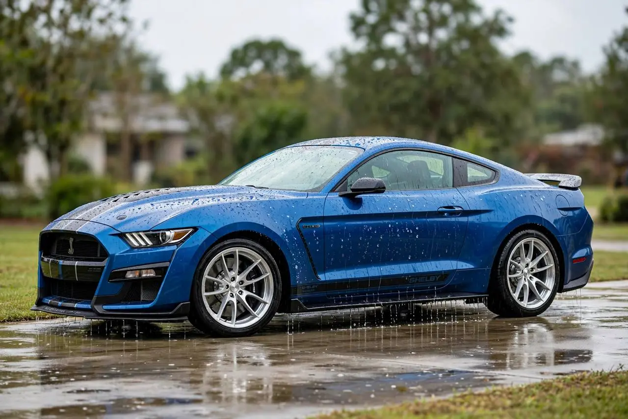 Blue Shelby showing hydrophobic water behavior on protected paint